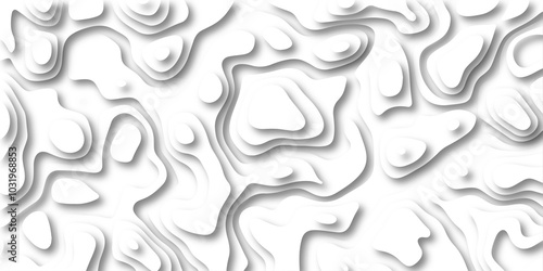 3D Papercut Stylized White Topographic Contour Scheme and Terrain. Geographic mountain terrain. Contour map background. 3D Cartographic Weave with seamless striped patterns and wavy Shapes.