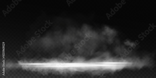 Dark stage on transparent background, white light from spotlight, empty dark stage and studio room with floating smoke. For product demonstrations.	