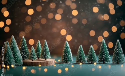 Miniature evergreen forest with pinecones on a wooden base surrounded by soft...