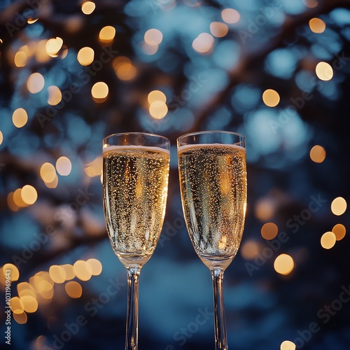 Celebrating a joyful moment with sparkling drinks amidst soft glowing lights ...