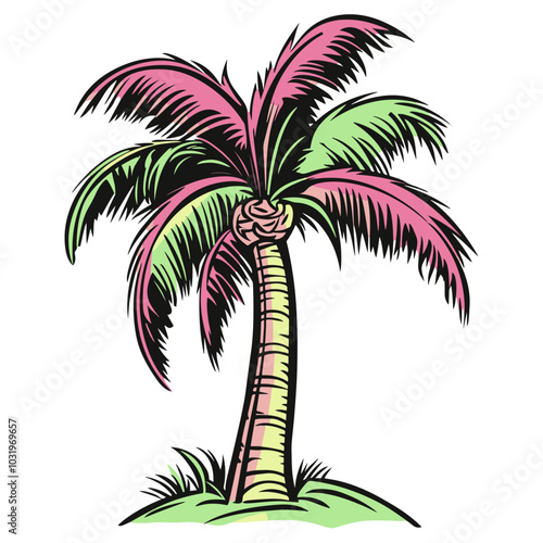 colorful vector palm tree 2d for exotic vacation pictures or t-shirts, generative AI