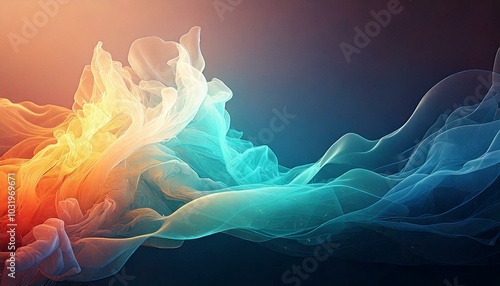 A rippling, colorful, transparent fabric resembling colored fog or smoke