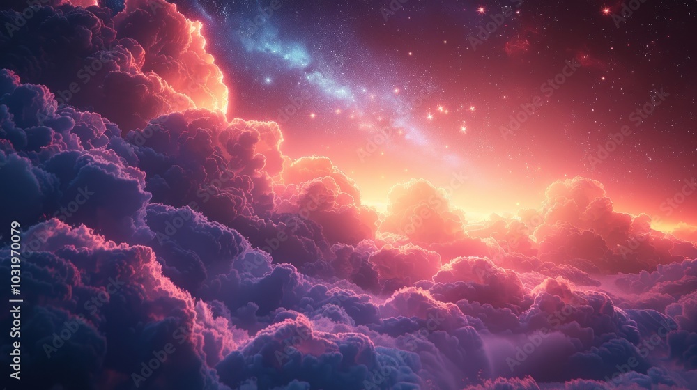 A breathtaking sunset illuminates vibrant clouds and stars in a cosmic dance over the horizon. Generative AI A breathtaking sunset illuminates vibrant clouds and stars in a cosmic dance over the horizon. Generative AI