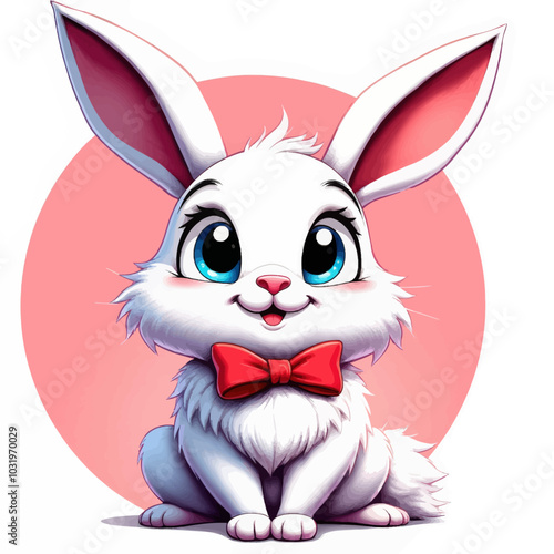 Cute Cartoon White Bunny with Red Bowtie  

