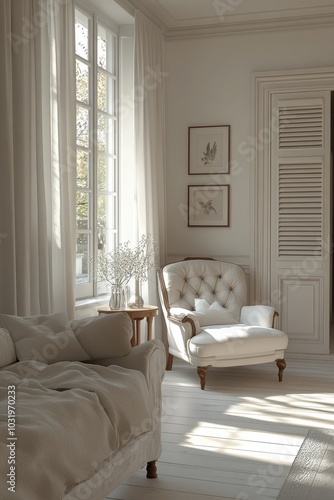 Cozy corner with elegant chair and natural light in a serene white bedroom setting