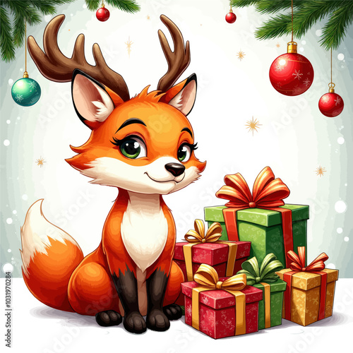 Cute Fox with Christmas Gifts and Antlers 
