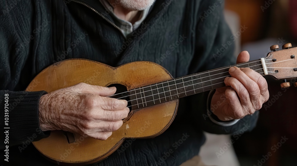Obraz premium Man learning to play a musical instrument, representing patience and persistence, resilience-building activity