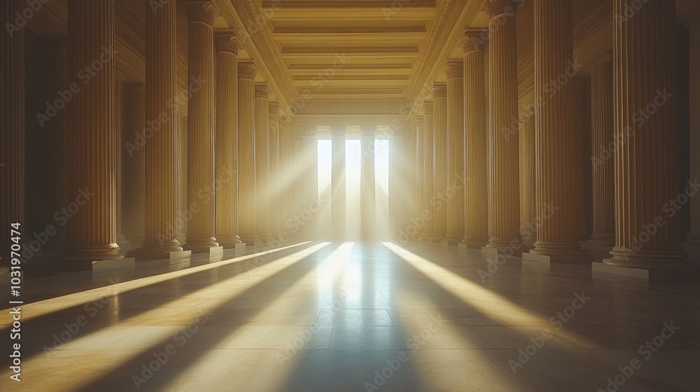 Sunlight radiates into a grand hall, casting long, dramatic shadows between majestic columns. The atmosphere is serene and inviting during a tranquil moment of the day. Sunlight radiates into a grand hall, casting long, dramatic shadows between majestic columns. The atmosphere is serene and inviting during a tranquil moment of the day.
