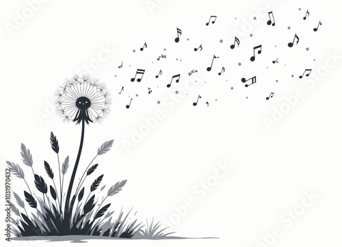Dandelion with Music Notes Flying Away