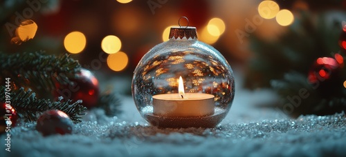 Candlelight reflects in a glass ornament, creating a warm holiday atmosphere ...