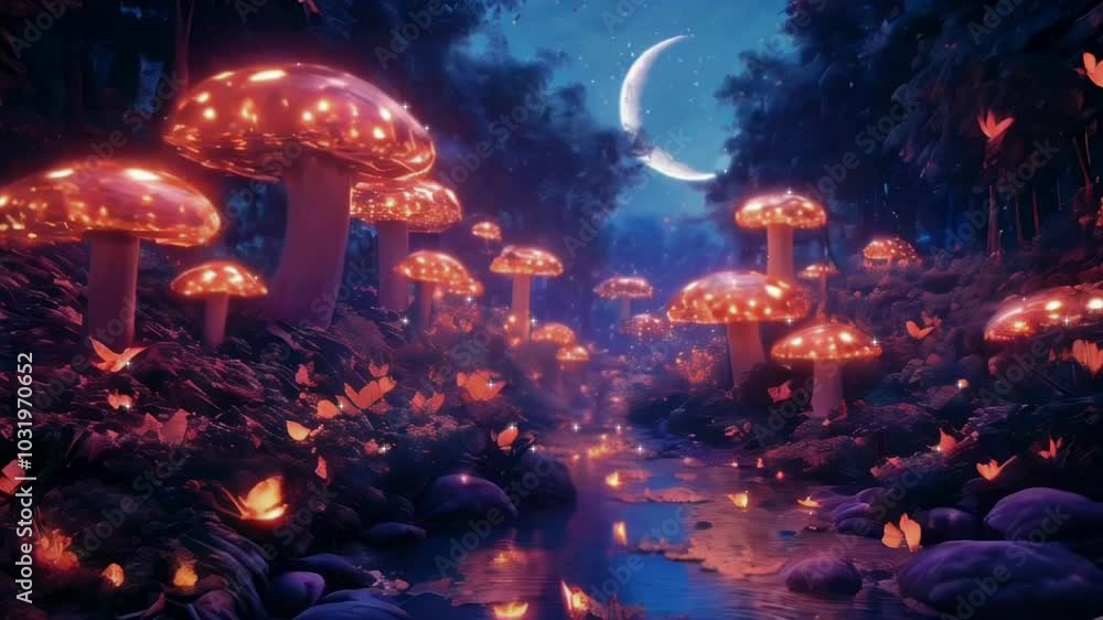Enchanted forest with glowing mushrooms and butterflies under a ...