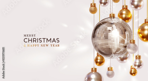 Merry Christmas and Happy New Year background. Realistic 3d disco ball silver glitter mirrors, hang on ribbon golden and silver Christmas ornaments. Vector illustration