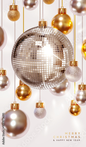 Merry Christmas and Happy New Year background. Realistic 3d disco ball silver glitter mirrors, hang on ribbon golden and silver Christmas ornaments. Vector illustration