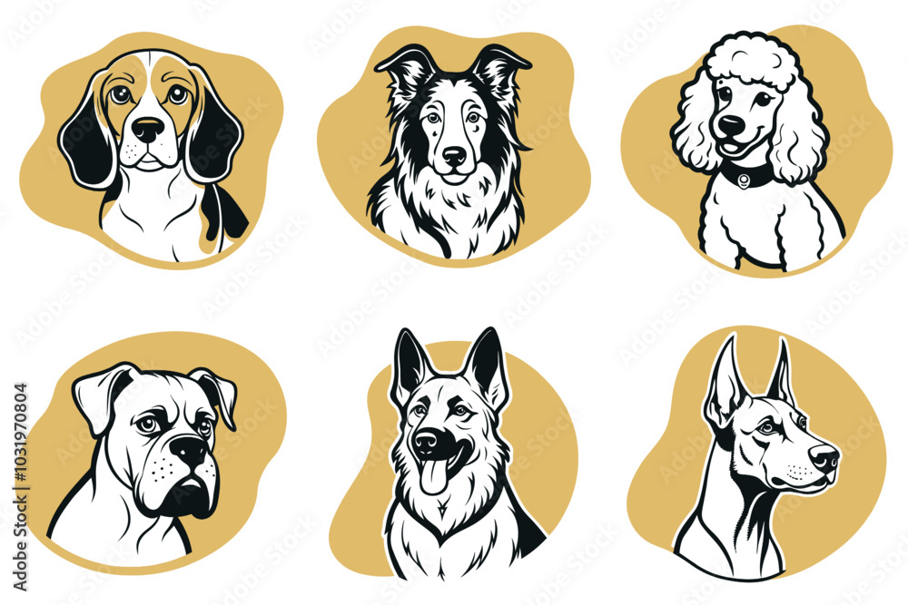 Obraz premium A set of dog illustrations with a variety of breeds including a poodle, a beagle