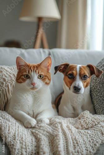 A cat and dog relaxing together on a cozy couch in a warmly lit living room