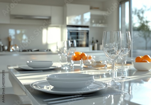 Bright and airy kitchen with white decor and fresh flowers on a sunny day