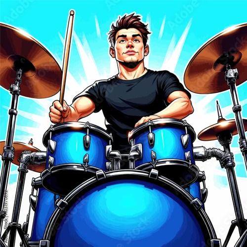 Drummer with Blue Drum Set  
