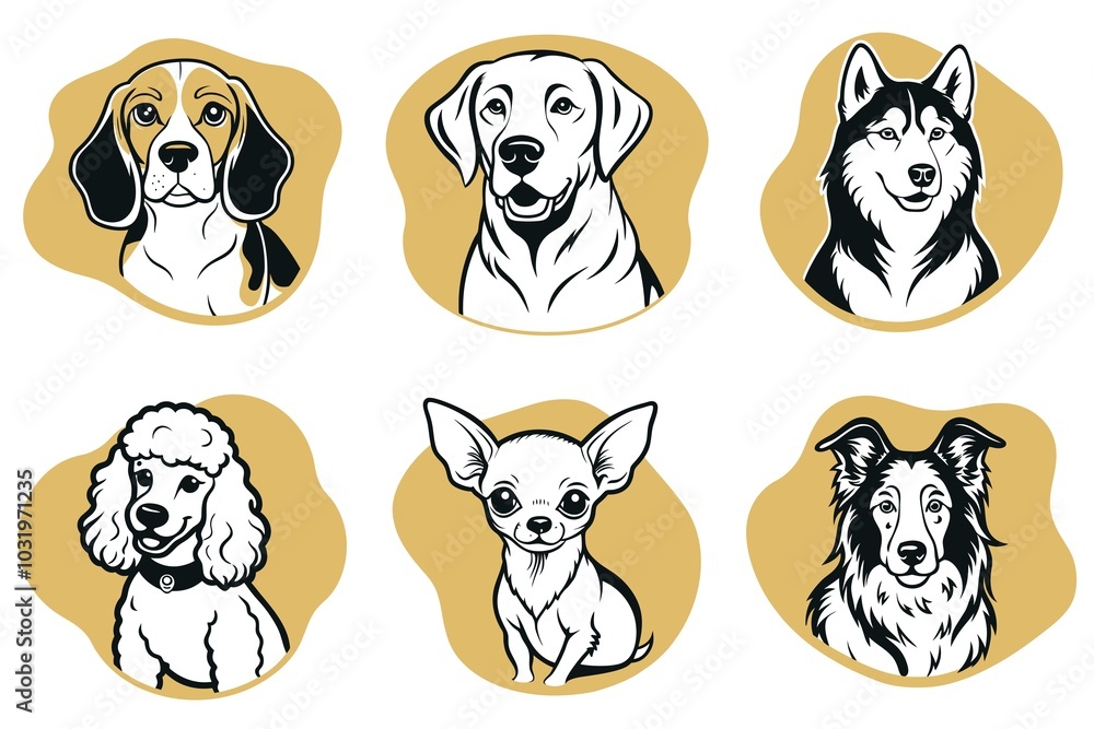 Fototapeta premium A set of dog illustrations with a poodle, chihuahua, collie, and other breeds
