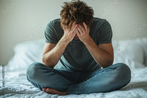 Wallpaper Mural Unhappy man sitting on the bed and thinking about problems, depression and covering his face with his hands, Generative AI Torontodigital.ca