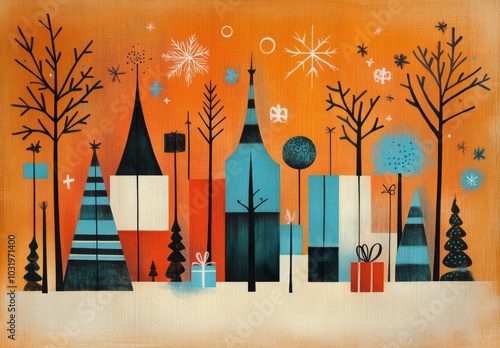 Colorful winter landscape with trees and gifts set against a vibrant orange b...