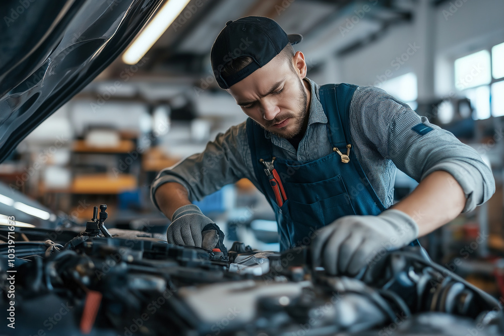 A man in a blue jumpsuit is working on a car engine A man in a blue jumpsuit is working on a car engine