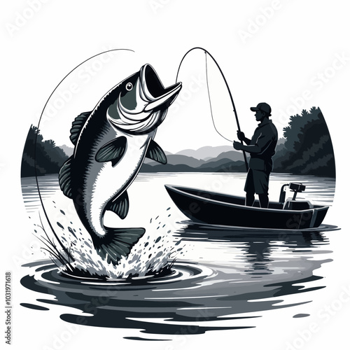 Fisherman Catching Large Bass From Boat 
