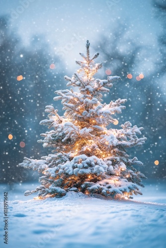 Charming snow covered evergreen tree adorned with lights during a snowy winte...