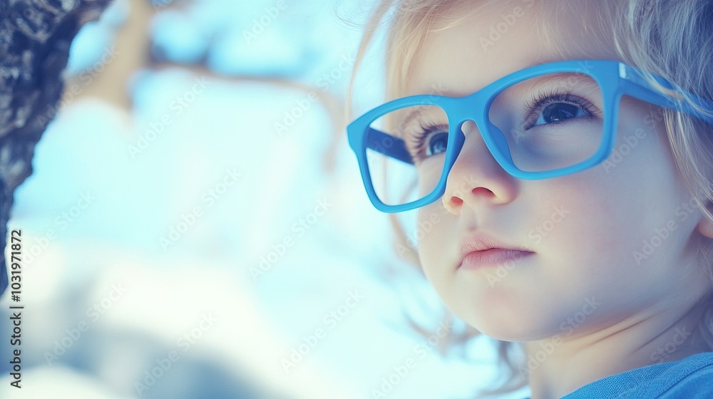 Young child wearing blue glasses focusing on distant tree outside window, symbolizing myopia prevention and importance of outdoor activities.