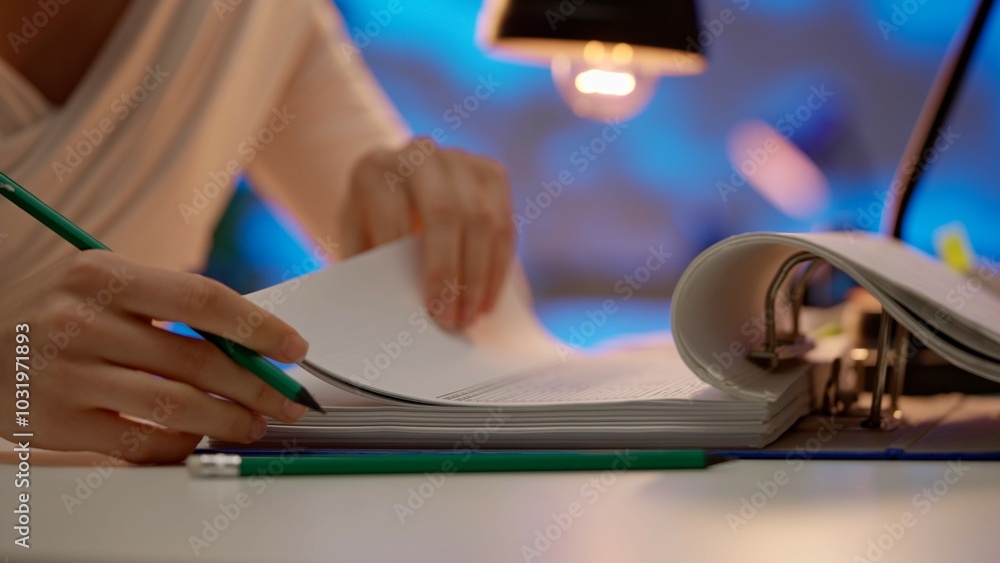 Obraz premium Workaholic woman sitting at office desk searching through signing overload stack of paper documents in binder folder, close up. Bureaucracy business concept.