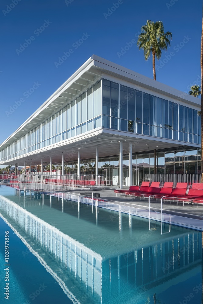 Modern Building with Pool and Palm Trees Reflecting in the Water Modern Building with Pool and Palm Trees Reflecting in the Water