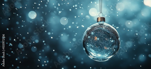 A clear ornament hanging from a string surrounded by falling snowflakes in so...