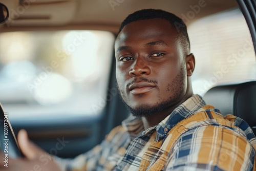 African man holding the steering wheel inside the car with two hands, Generative AI