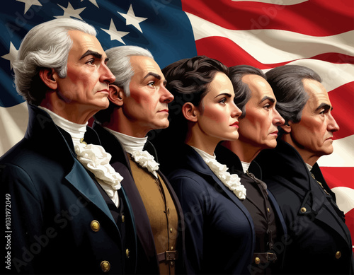 Founding Fathers and a Woman in Profile 
