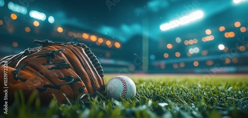 A baseball glove rests beside a ball on the grass at a dimly lit stadium duri...