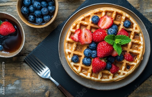 Waffle topped with fresh strawberries and blueberries on a wooden table. Deli...