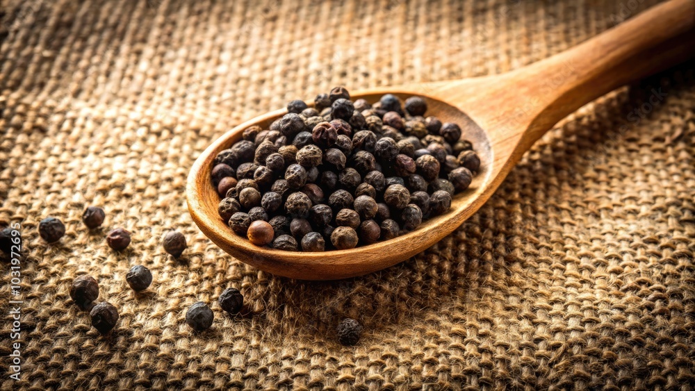 Rustic Black Peppercorns in Wooden Spoon on Burlap - Premium Spice Photography for Culinary Use, Natural Ingredients, Organic Seasoning, and Kitchen Decor Rustic Black Peppercorns in Wooden Spoon on Burlap - Premium Spice Photography for Culinary Use, Natural Ingredients, Organic Seasoning, and Kitchen Decor