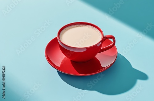 A steaming cup of coffee in a bright red mug on a blue surface showing mornin...