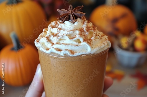 Delicious pumpkin spice beverage topped with whipped cream and spices during ...