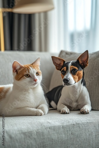 A cat and dog relaxing together on a cozy couch in a warmly lit living room