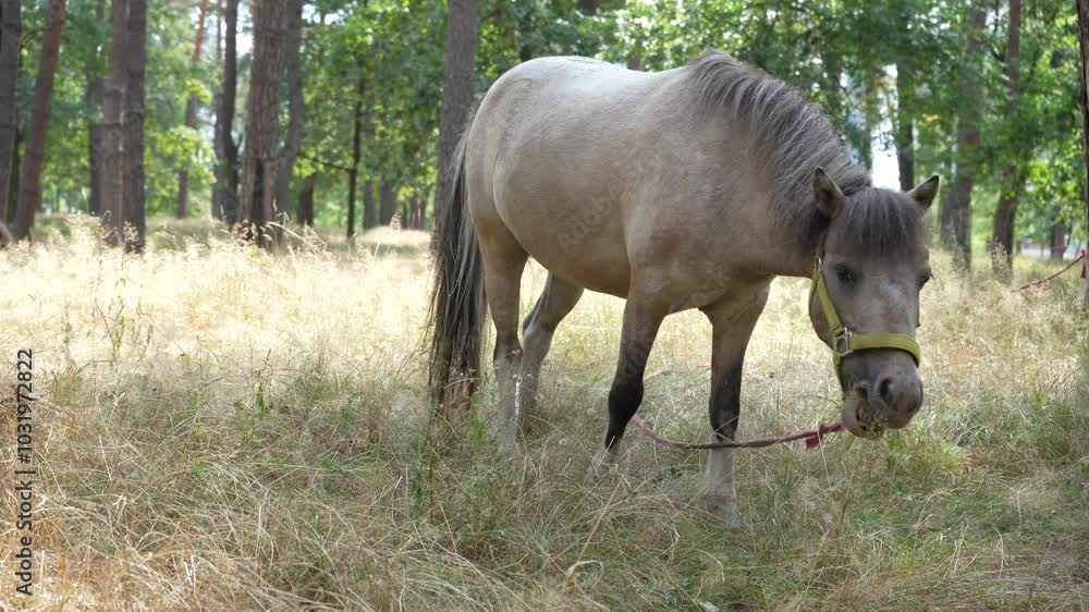 A beautiful gray horse in harness is grazing in a sunlit forest surrounded by tall grass and a winding path, showing the beauty of nature and the harmony of wildlife. A beautiful gray horse in harness is grazing in a sunlit forest surrounded by tall grass and a winding path, showing the beauty of nature and the harmony of wildlife.