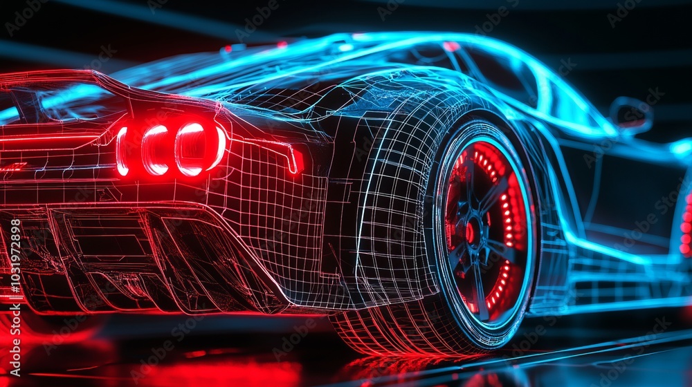 Futuristic Sports Car Wireframe Design - Neon Lights Futuristic Sports Car Wireframe Design - Neon Lights
