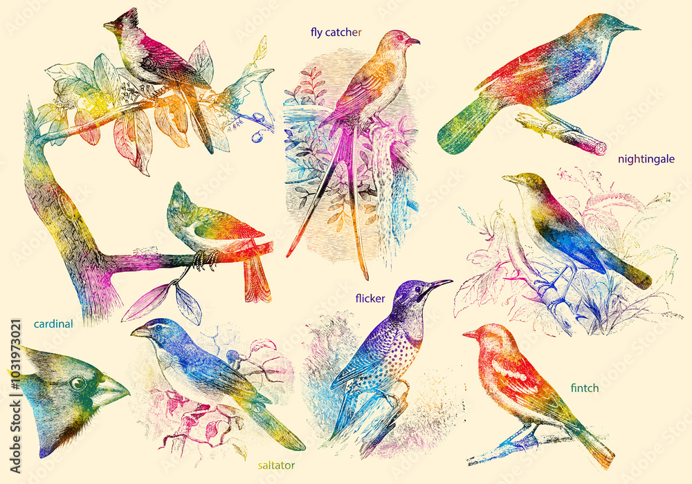 Fototapeta premium Little bird drawings watercolor print