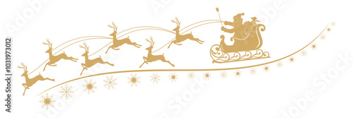 santa claus sleigh flying reindeer golden silhouette 