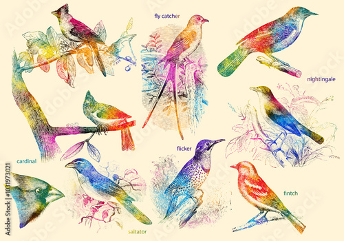 Little bird drawings watercolor print