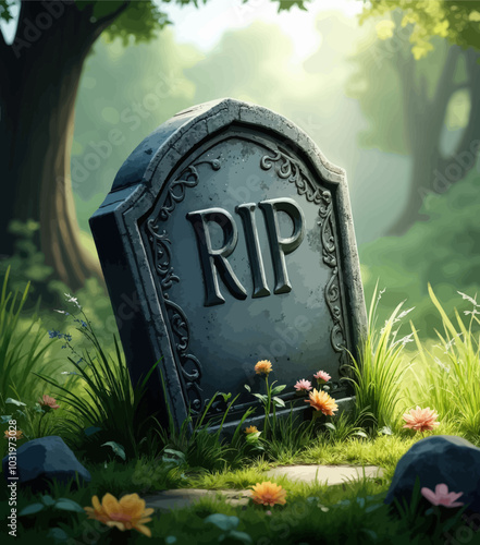 Gravestone with RIP in a Forest Clearing 
