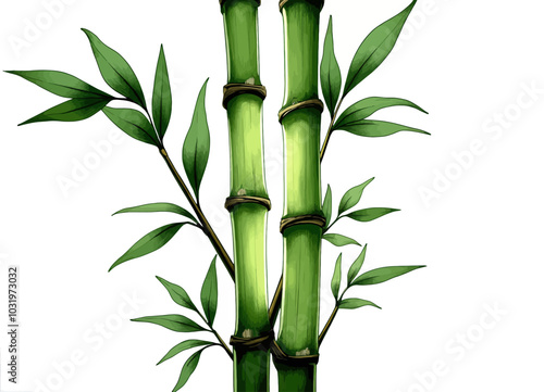 Green Bamboo Stalks with Leaves  
