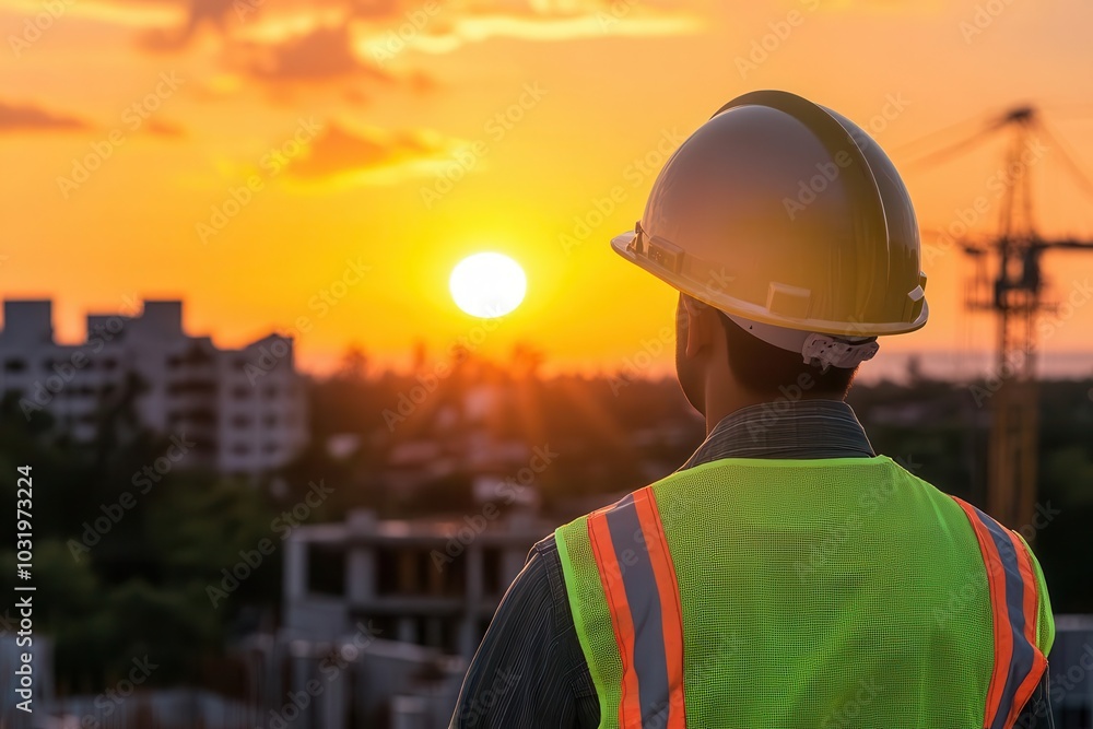 High-visibility safety helmet worn by a construction worker, with the sun setting over a job site, construction safety, symbolizing preparedness and vigilance High-visibility safety helmet worn by a construction worker, with the sun setting over a job site, construction safety, symbolizing preparedness and vigilance