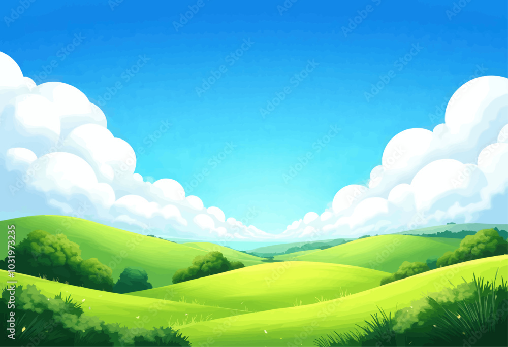 Naklejka premium Green Hills and Blue Sky Landscape