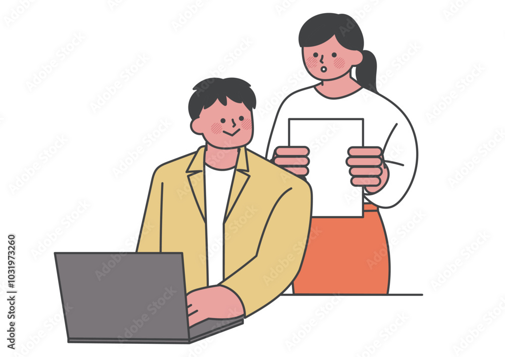 同僚に質問する女性社員 同僚に質問する女性社員