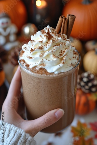 Warm pumpkin spice latte with whipped cream and cinnamon in a cozy autumn set...
